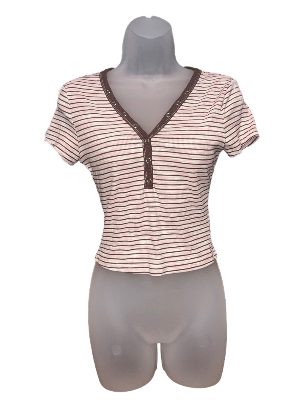 Striped V-Neck Crop Top in Light Pink and Brown